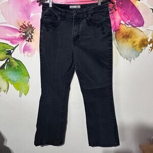 Chico’s Platinum Jeans Size 1 Short Black with Black Embroidery bootcut Sequin